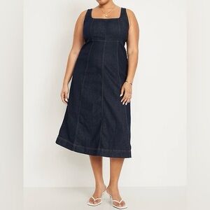 Old Navy Babydoll Dark Blue Denim Midi Jumper Dress Back Zipper Size XXL NWT